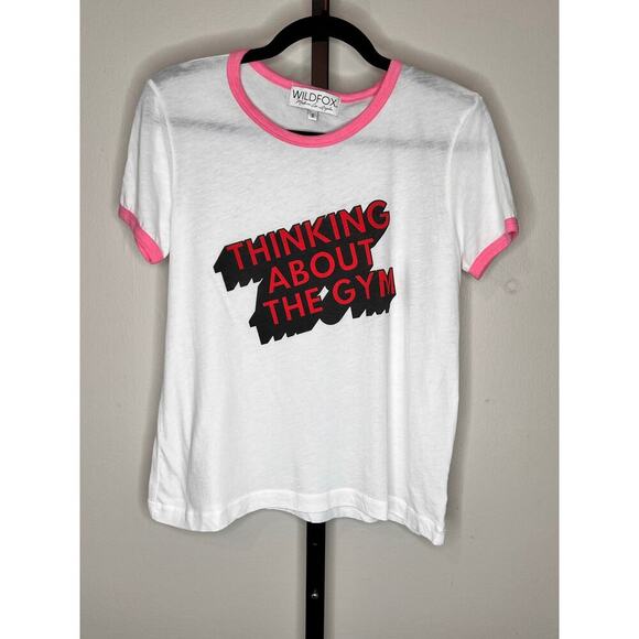 Wildfox Thinking About The Gym Ringer Short Sleeve Graphic Tee White Size S NWOT - Picture 2 of 7